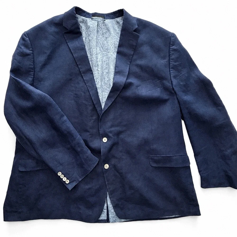 Lauren Ralph Lauren Men's 60L 100% Linen Navy Blue Blazer Paisley Lined